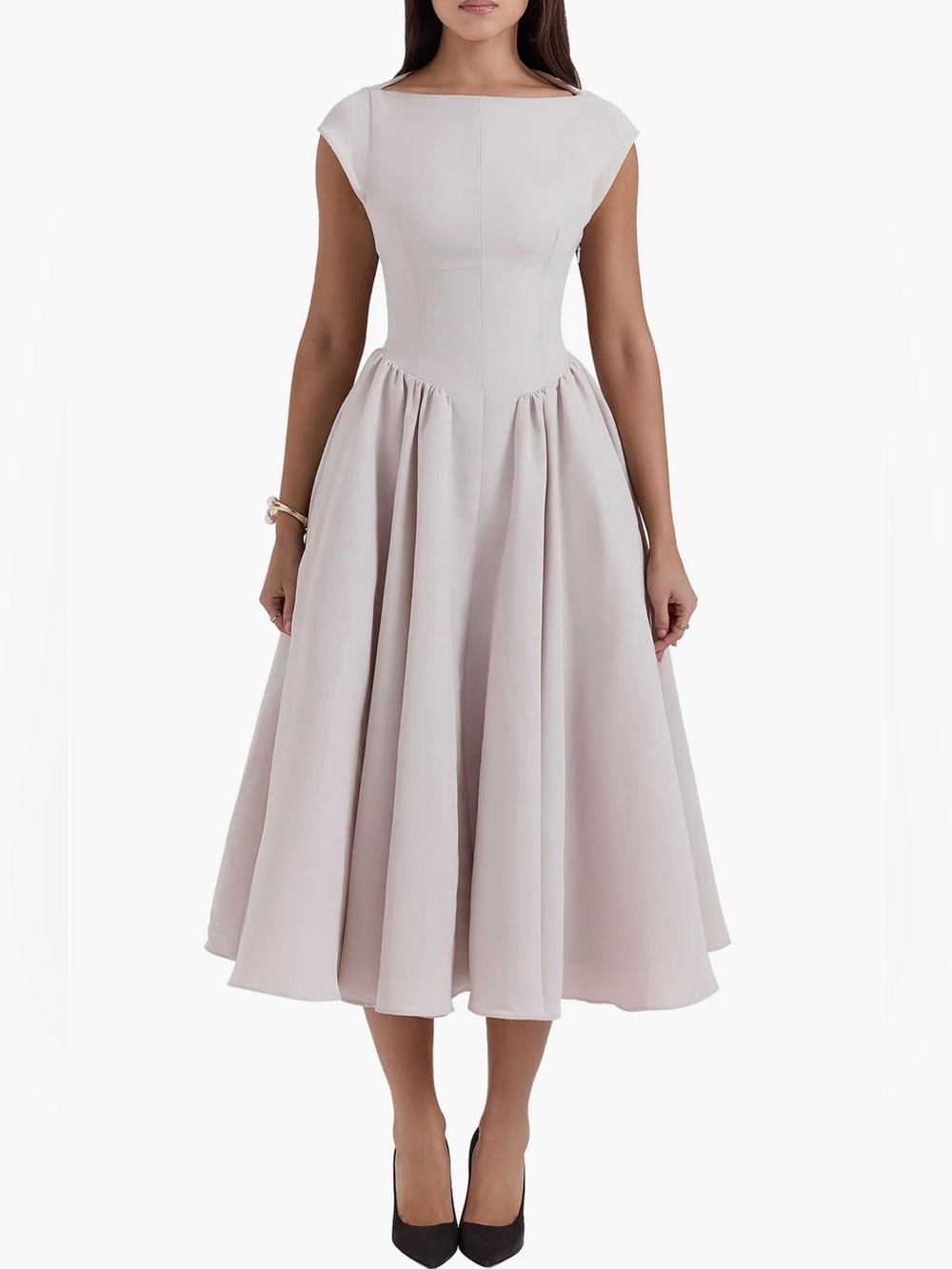House of CB “Debutante” French Dove Light Grey Open-Back Midi A-line Dress
